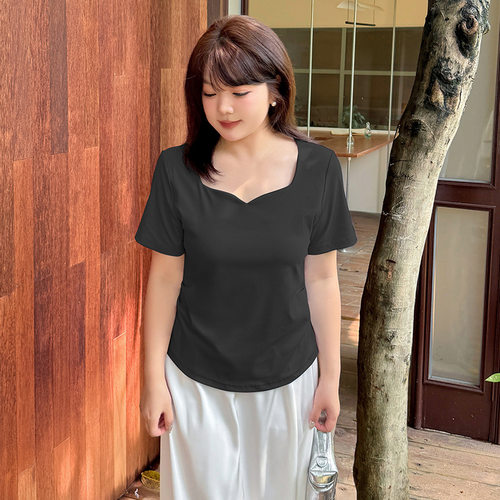 小波家2026夏季胖mm正肩短袖T恤纯色褶皱收腰上衣 - 图0