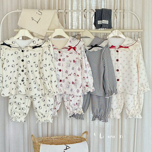 加绒保暖 女童新款秋冬加绒睡衣套装中小童保暖居家服韩系蝴蝶结 - 图1