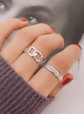 日韩风纯银链条开口复古麦穗戒指