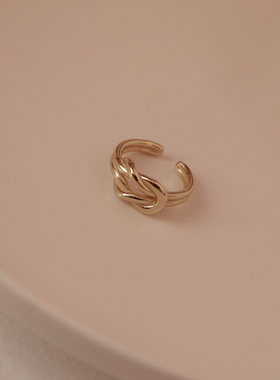 通体s925纯银戒指女打结金色食指