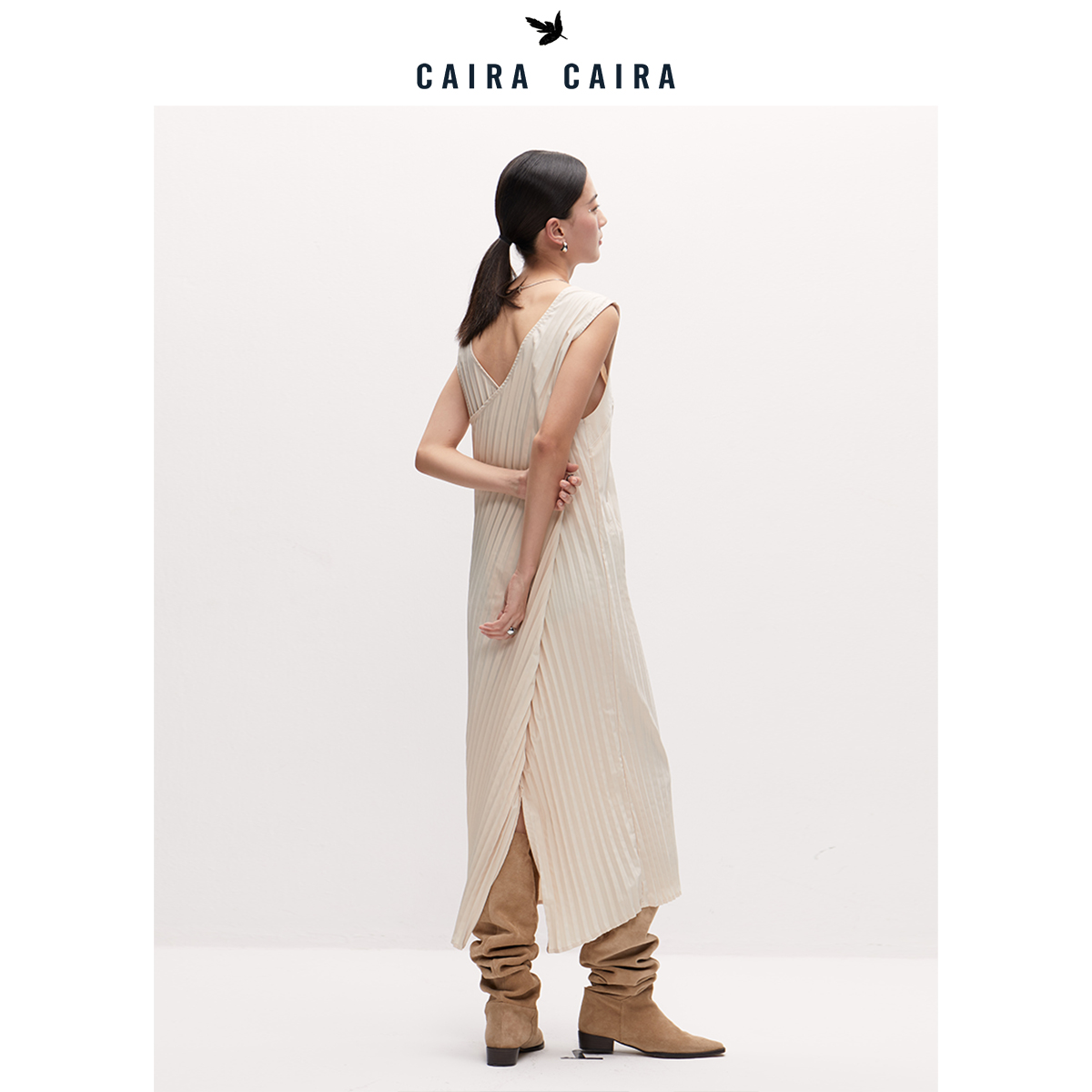CAIRA 21AW早秋独立设计师品牌小众手工压褶设计感交叉内搭连衣裙 - 图2