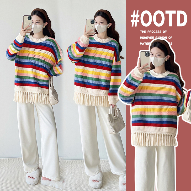 婧麒孕妇上衣冬装新款冬季宽松大码时尚圆领针织彩虹孕妇毛衣女装 - 图1