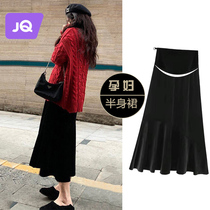 The Jing Qi Pregnant Woman Half Body Dress Autumn Winter Mid Length Tuo Momo Velvet Toabdominal A Character Skirt High Waist Half Skirt Pregnant Woman Autumn Clothing