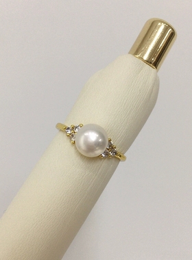 5A级高亮天然淡水珍珠馒头圆戒指18K包金微镶锆石简约款珍珠戒指