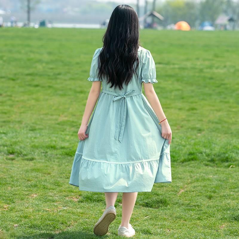 初中学生连衣裙夏季学院风高中女生夏装少女大童甜美气质条纹长裙-图3