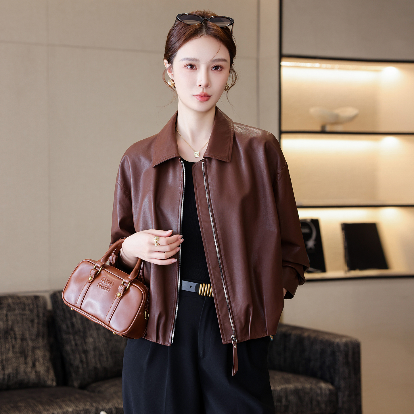 真皮皮衣外套女2025秋冬新款大牌植鞣绵羊皮机车服夹克宽松小个子 - 图0