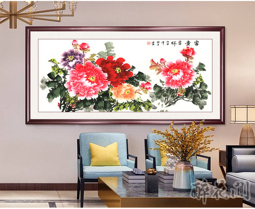 沙发背景墙装饰画客厅壁画现代自粘壁画国画新中式花开富贵牡丹图 - 图0