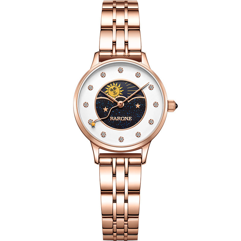 Rarone雷诺女手表时尚简约气质满天星表百搭防水正品月相石英表