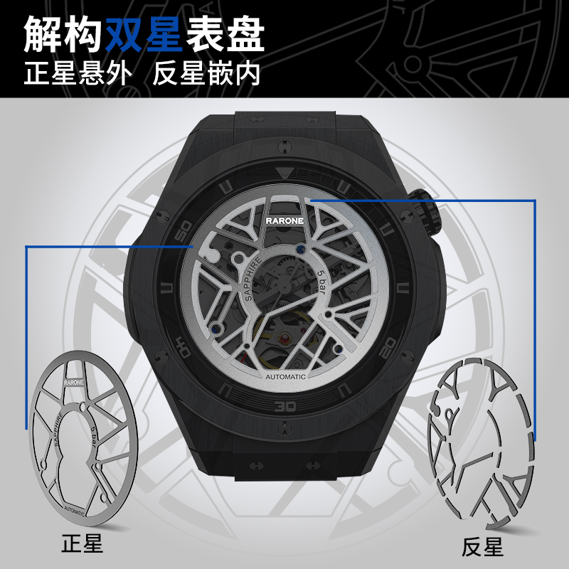 大能推薦Rarone雷諾雙子星鏤空機械表男款鋼帶國產腕表全自動手表_雷諾手表旗艦店_手表