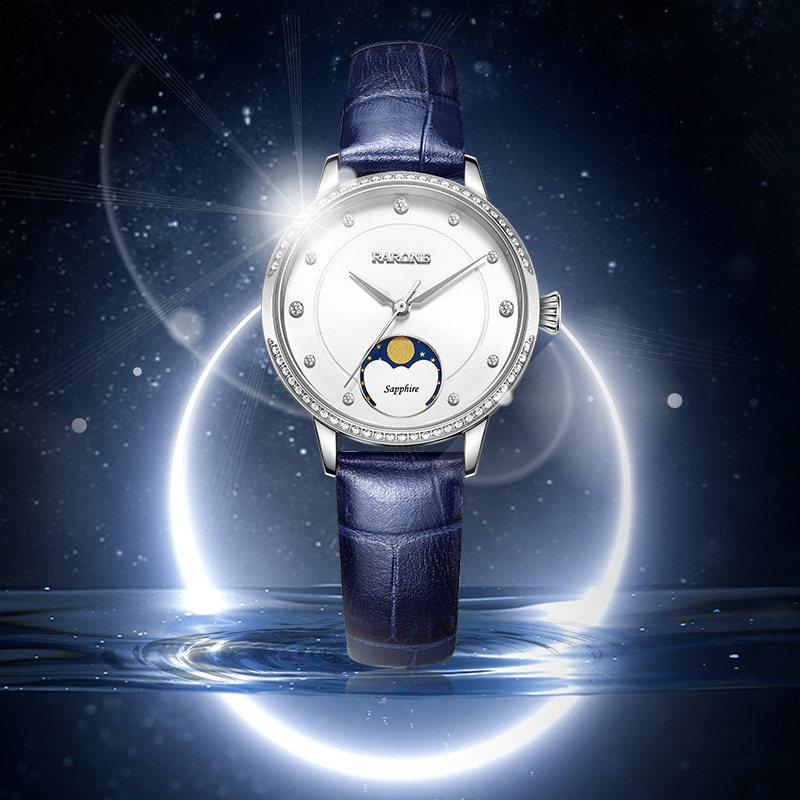 Rarone雷诺手表女时尚石英表防水正品女士百搭新款月相女士手表