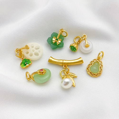 18K哑金保色仿玉葫芦莲蓬平安扣吊坠手工diy手链项链饰品挂件材料 - 图2