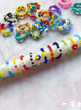 韩国手工编织小花朵戒指彩色百搭