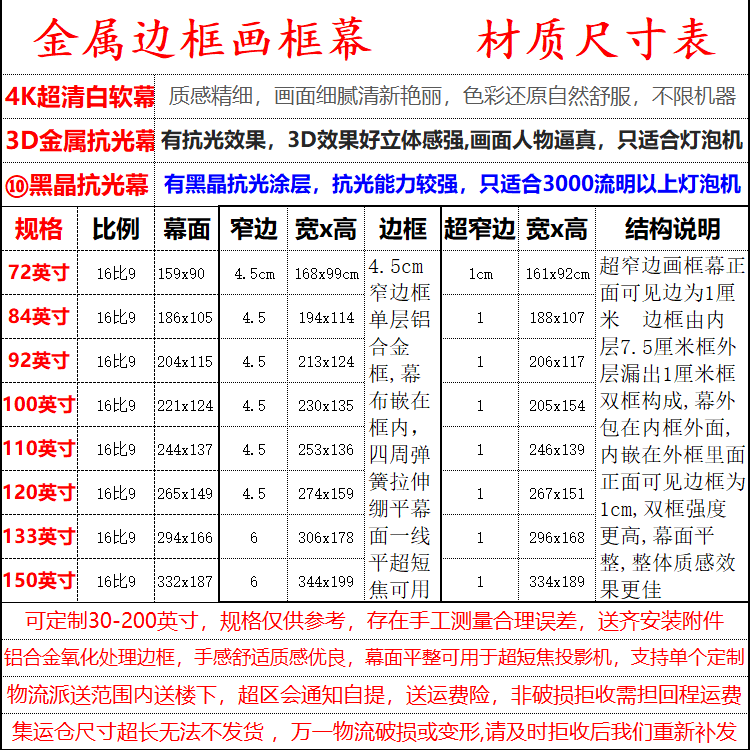 抗光画框幕布抗光幕布投影家用抗光投影幕布边框框架幕布投屏幕布