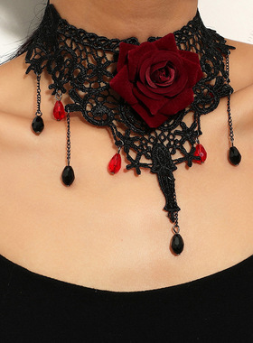 暗黑风洛丽塔哥特式蕾丝玫瑰项链 小众设计感流苏choker颈链项圈