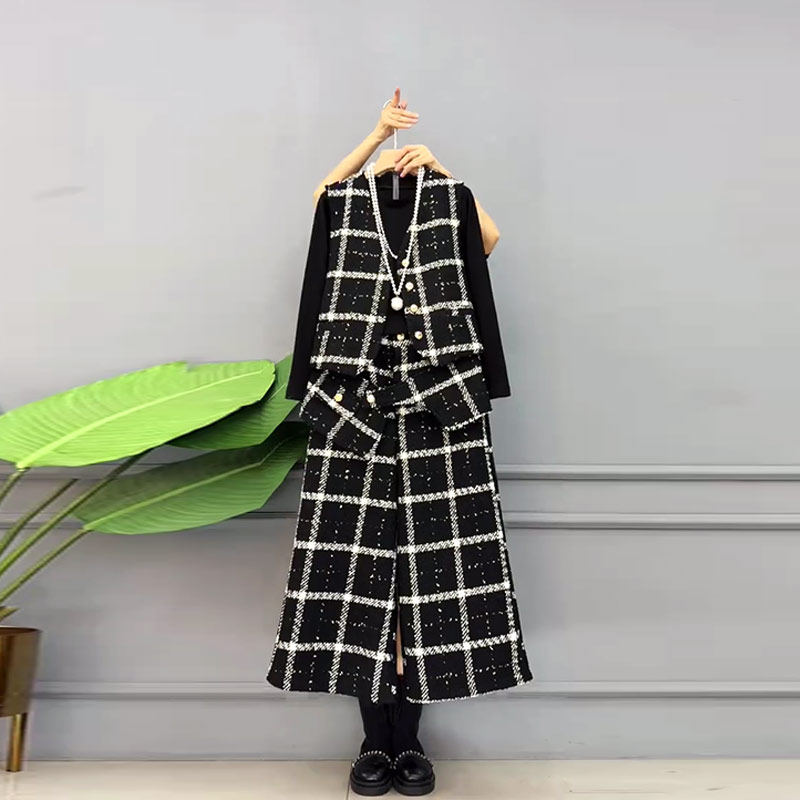 加肥V领格子蝴蝶结马甲高领长袖打底衫阔腿裤胖妹妹设计感三件套,淘宝优惠券,粉丝福利购,淘宝优惠卷