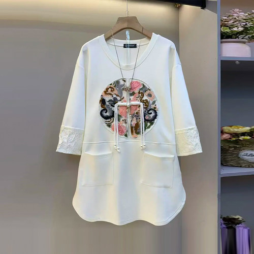 胖MM拼蕾丝袖口流苏扣上衣韩版加肥大码女装宽松遮肚子百搭T恤衫 - 图3