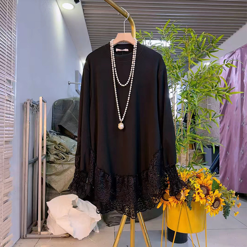 加大码女装圆领微喇袖口拼接蕾丝底摆长袖上衣胖妹妹韩版简约小衫,淘宝优惠券,粉丝福利购,淘宝优惠卷