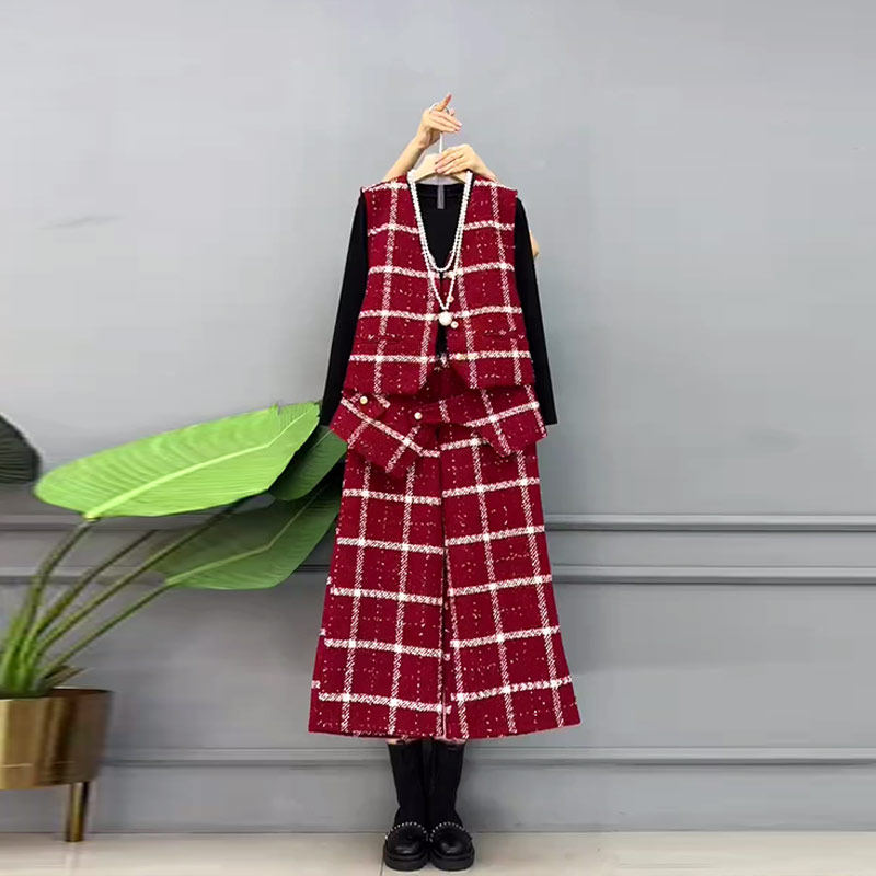 加肥V领格子蝴蝶结马甲高领长袖打底衫阔腿裤胖妹妹设计感三件套,淘宝优惠券,粉丝福利购,淘宝优惠卷