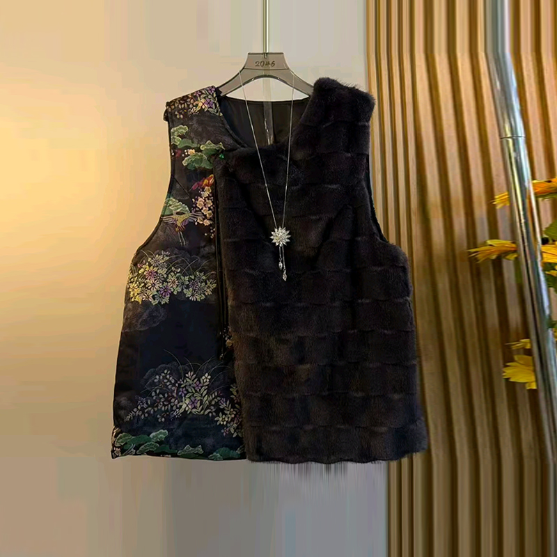 加大码女装拼毛毛AB版马甲高领暗花长袖小衫胖妹妹拼色条裤脚裤子 - 图1