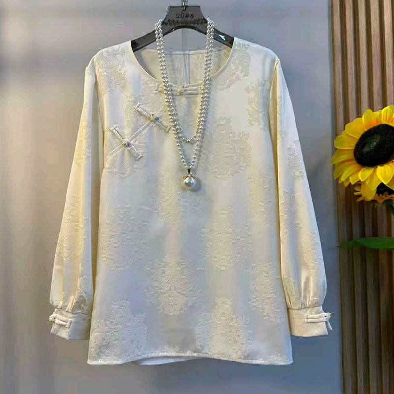 加肥洋气圆领斜盘扣花朵上衣宽松遮肚子大码女装新中式秋季款小衫,淘宝优惠券,粉丝福利购,淘宝优惠卷