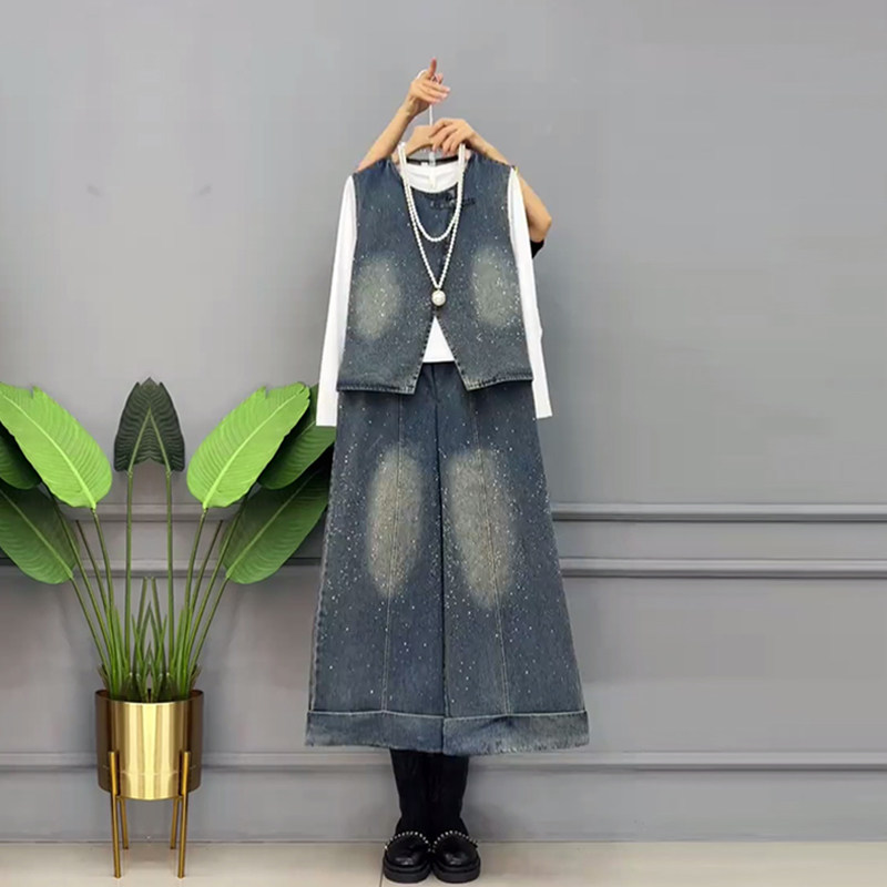 加大码女装圆领盘扣马甲阔腿长裤牛仔两件套胖妹妹圆领长袖打底衫,淘宝优惠券,粉丝福利购,淘宝优惠卷