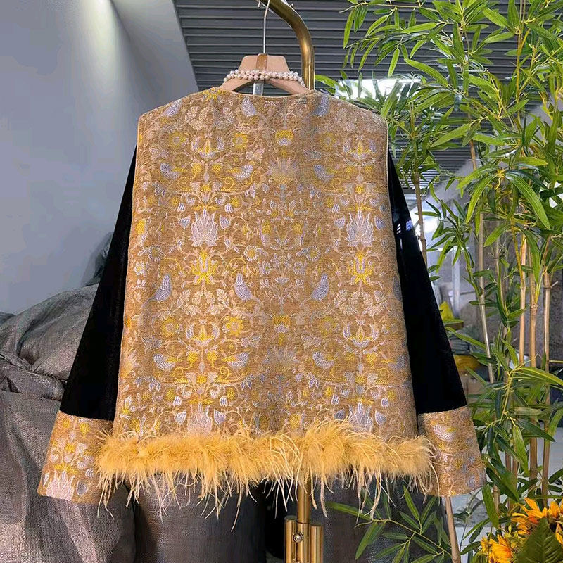 加肥毛毛暗花国风马甲拼色袖口小衫加肥大码女装复古风显瘦两件套,淘宝优惠券,粉丝福利购,淘宝优惠卷