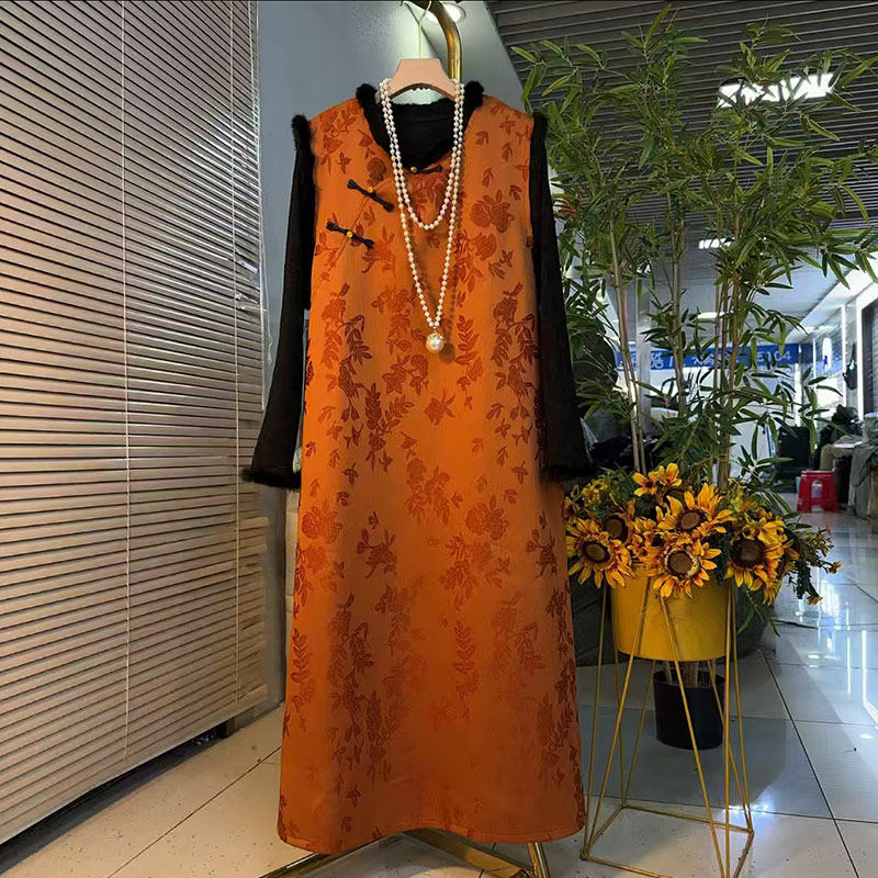 大码女装毛边袖口打底衫立领盘扣暗花国风马甲裙胖MM新中式两件套,淘宝优惠券,粉丝福利购,淘宝优惠卷