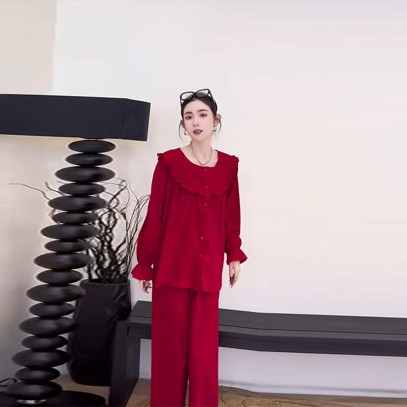 大码女装圆领荷叶肩长袖上衣阔腿长裤家居胖妹妹新年款红色两件套,淘宝优惠券,粉丝福利购,淘宝优惠卷