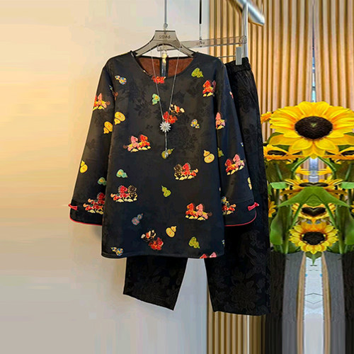 加大码女装圆领七分袖卡通图案小衫胖妹妹显瘦宽松松紧腰黑色裤子 - 图3