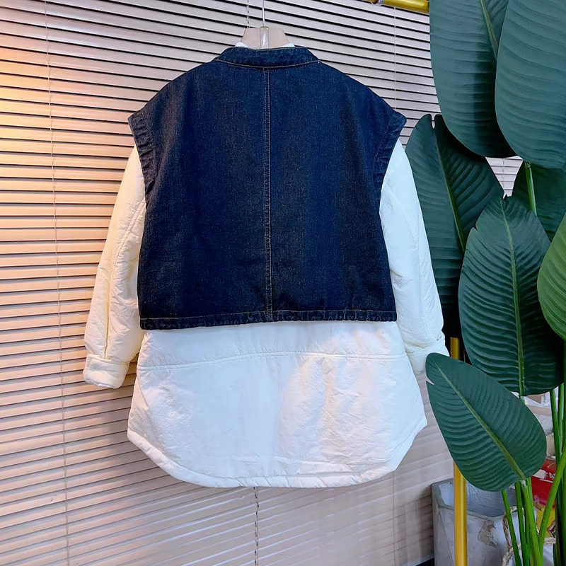 加肥大码女装拼接牛仔马甲假两件棉服外套胖妹妹冬季款休闲上衣潮,淘宝优惠券,粉丝福利购,淘宝优惠卷