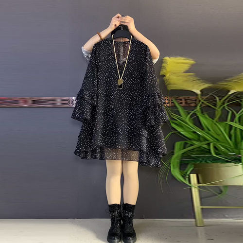 胖妹妹加肥V领长袖点点大衫宽松遮肚子大码女装轻熟风百搭上衣潮 - 图2