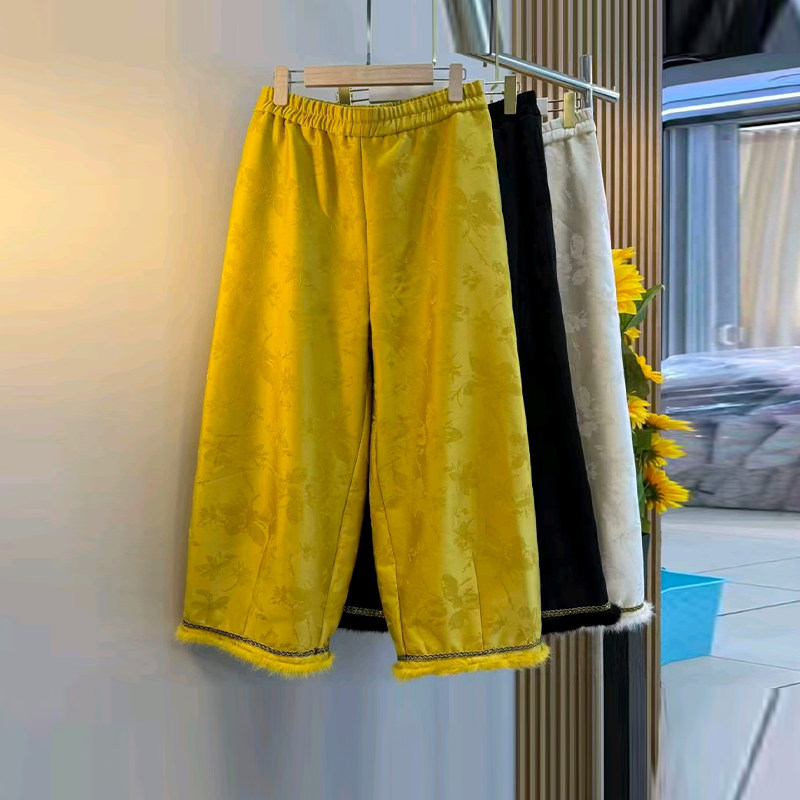 大码女装松紧腰暗花裤脚暗花长裤胖MM法式小众设计新中式洋气裤子,淘宝优惠券,粉丝福利购,淘宝优惠卷