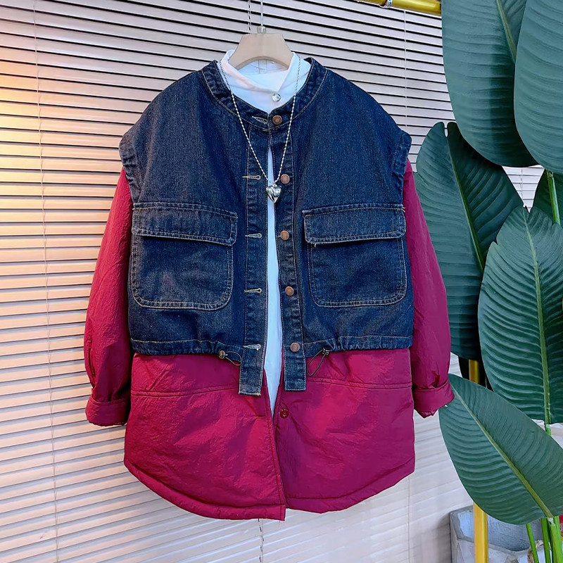 加肥大码女装拼接牛仔马甲假两件棉服外套胖妹妹冬季款休闲上衣潮,淘宝优惠券,粉丝福利购,淘宝优惠卷