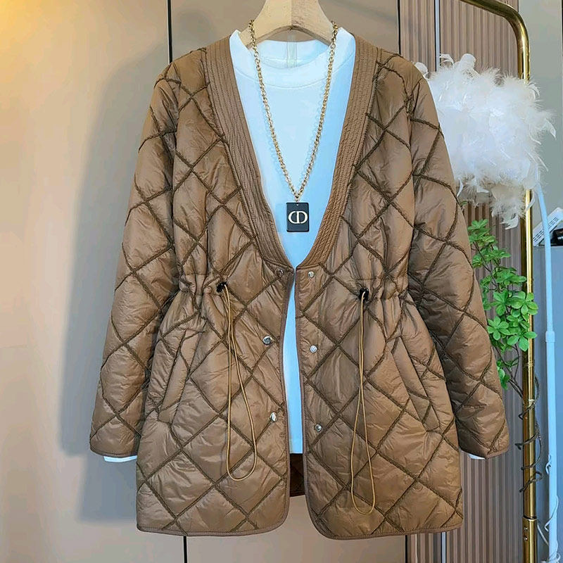 胖妹妹V领收腰抽绳长袖棉服外套加肥大码女装冬季款简约百搭上衣,淘宝优惠券,粉丝福利购,淘宝优惠卷