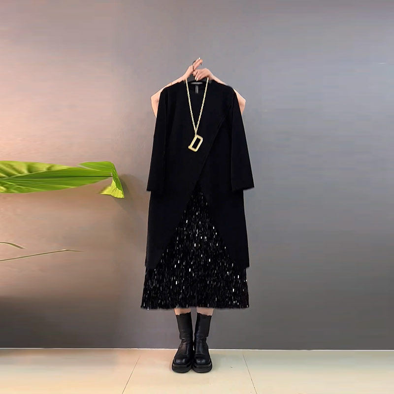 加肥圆领前开叉长袖中长款外套亮片半身裙胖妹妹秋季款休闲两件套,淘宝优惠券,粉丝福利购,淘宝优惠卷