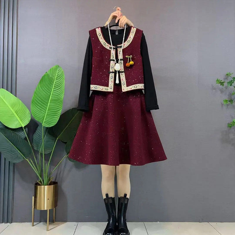 胖妹妹加肥拼色边盘扣马甲长袖收腰连衣裙大码女装韩版通勤两件套,淘宝优惠券,粉丝福利购,淘宝优惠卷