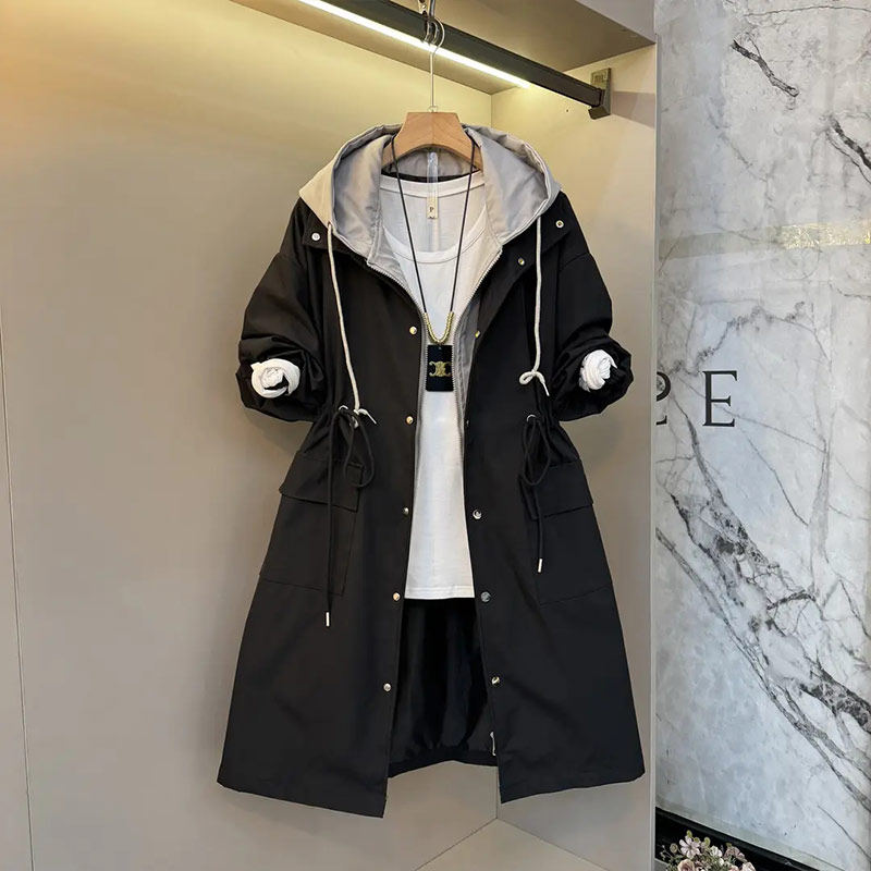 胖妹妹加肥拼色连帽收腰系带风衣大码女装中长款显瘦百搭秋季外套,淘宝优惠券,粉丝福利购,淘宝优惠卷