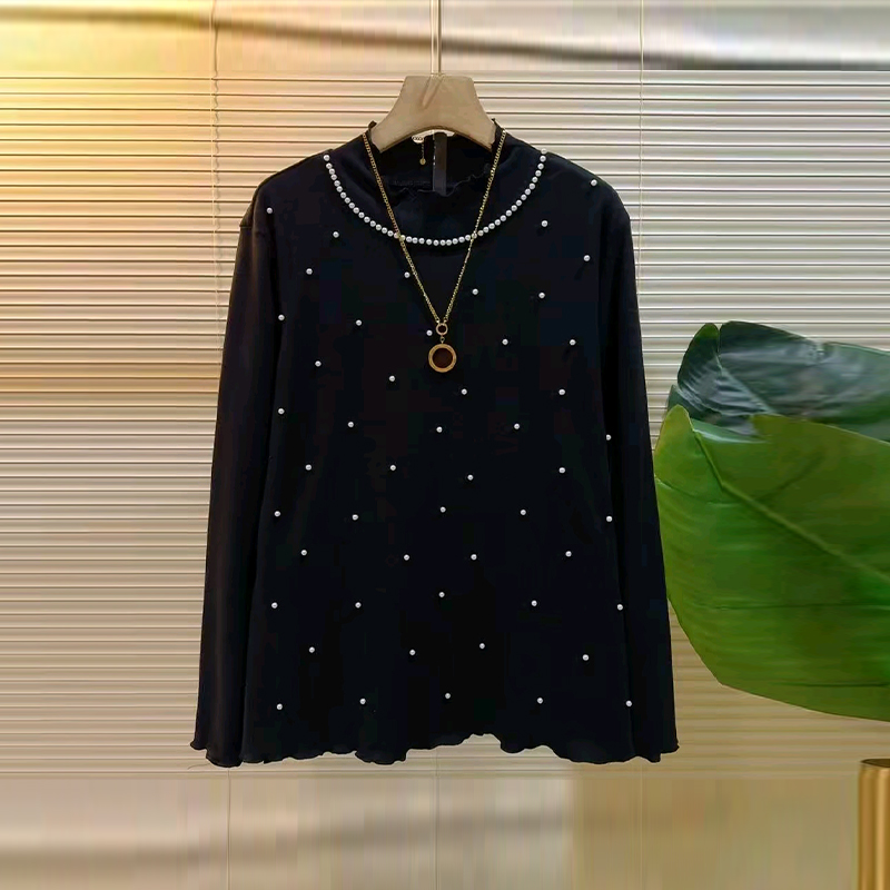 加肥立领钉珠边长袖小衫2025秋冬款韩版大码女装简约百搭打底上衣 - 图0