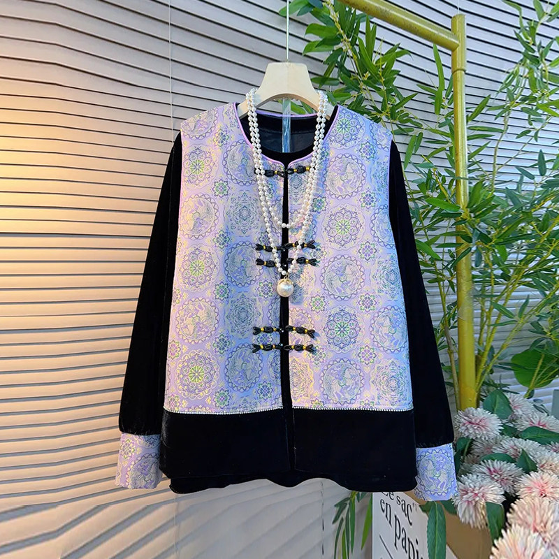 加肥女圆领盘扣花纹马甲拼色袖口小衫胖妹妹复古风显瘦冬季两件套,淘宝优惠券,粉丝福利购,淘宝优惠卷