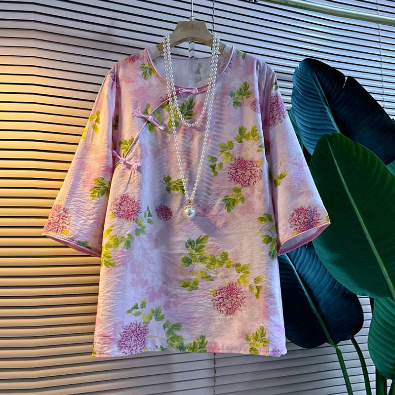 胖MM加肥盘扣花朵圆领上衣宽松遮肚子大码女装法式复古风百搭小衫,淘宝优惠券,粉丝福利购,淘宝优惠卷