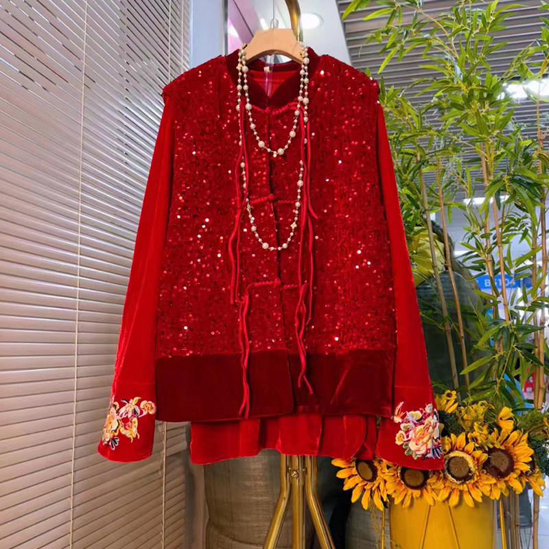 大码女装立领盘扣复古风亮片马甲胖妹妹时尚百搭洋气圆领丝绒小衫,淘宝优惠券,粉丝福利购,淘宝优惠卷