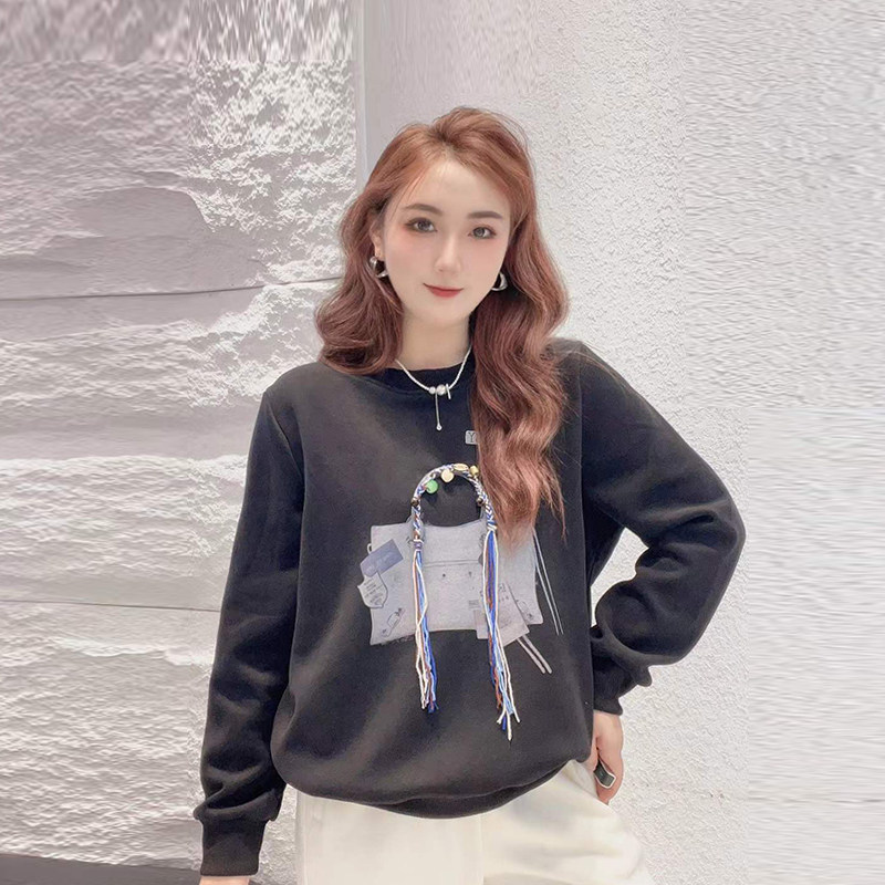 韩版胖妹妹圆领流苏图案长袖上衣学院风甜美大码女装减龄百搭卫衣,淘宝优惠券,粉丝福利购,淘宝优惠卷