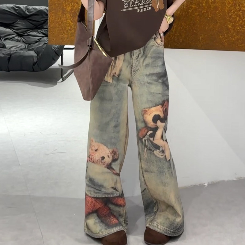 加肥女后腰松紧卡通图案牛仔长裤胖妹妹气质街头欧货洋气阔腿裤子,淘宝优惠券,粉丝福利购,淘宝优惠卷