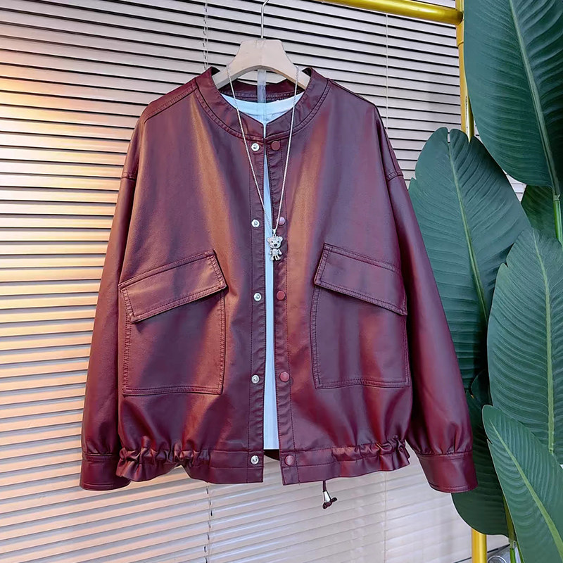 胖MM立领按扣口袋摆抽绳外套加大码女装复古时尚简约百搭遮肉皮衣,淘宝优惠券,粉丝福利购,淘宝优惠卷