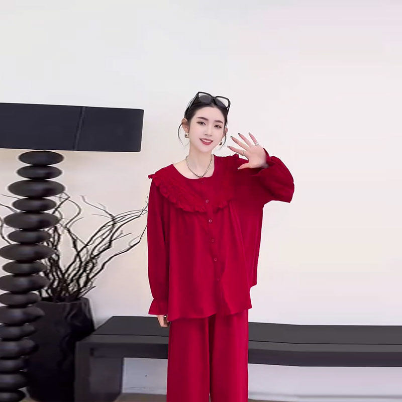 大码女装圆领荷叶肩长袖上衣阔腿长裤家居胖妹妹新年款红色两件套,淘宝优惠券,粉丝福利购,淘宝优惠卷