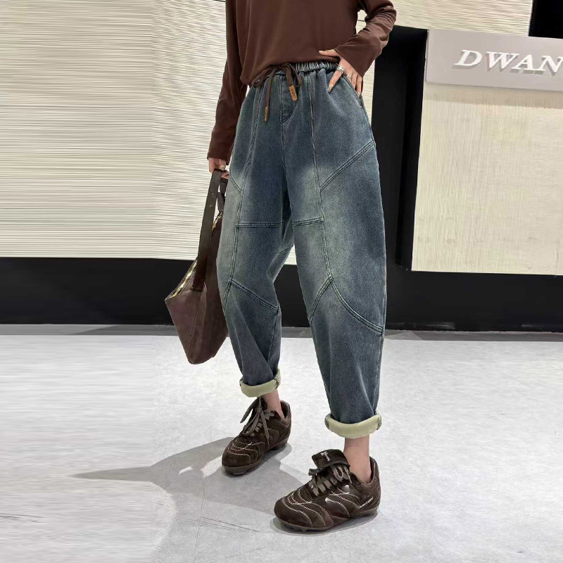加肥紧腰压线哈伦牛仔加绒裤子2025秋冬款欧货洋气大码女装休闲裤,淘宝优惠券,粉丝福利购,淘宝优惠卷