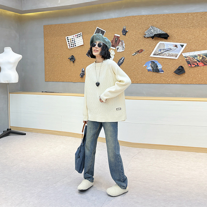 胖妹妹圆领麻花纹长袖针织衫纯色简约宽松遮肚子大码女装休闲上衣,淘宝优惠券,粉丝福利购,淘宝优惠卷