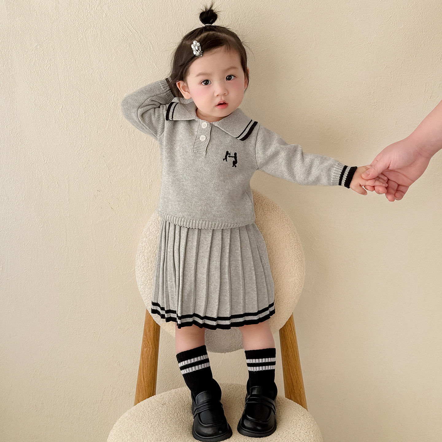 女童学院风针织套装2026韩版春秋新款翻领上衣洋气百褶裙子两件套,淘宝优惠券,粉丝福利购,淘宝优惠卷