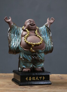 招财喜迎天下弥勒陶瓷办公室风水摆件玄关桌面创意大肚佛像工艺i.