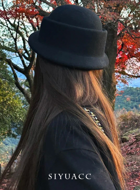 冬季优雅赫本风羊毛卷边礼帽女